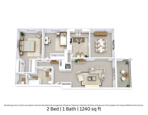 3D floor plan providing an angled view of a two-bedroom, one-bath apartment showing furniture arrangement and room flow over 1,240 Sq. Ft.